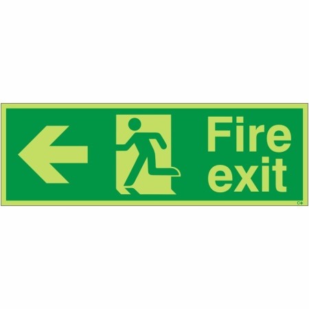 Glow in the dark fire exit left sign with running figure and arrow