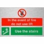 In The Event Of Fire Do Not Use Lift Use Stairs Down Left brushed aluminium fire evacuation sign